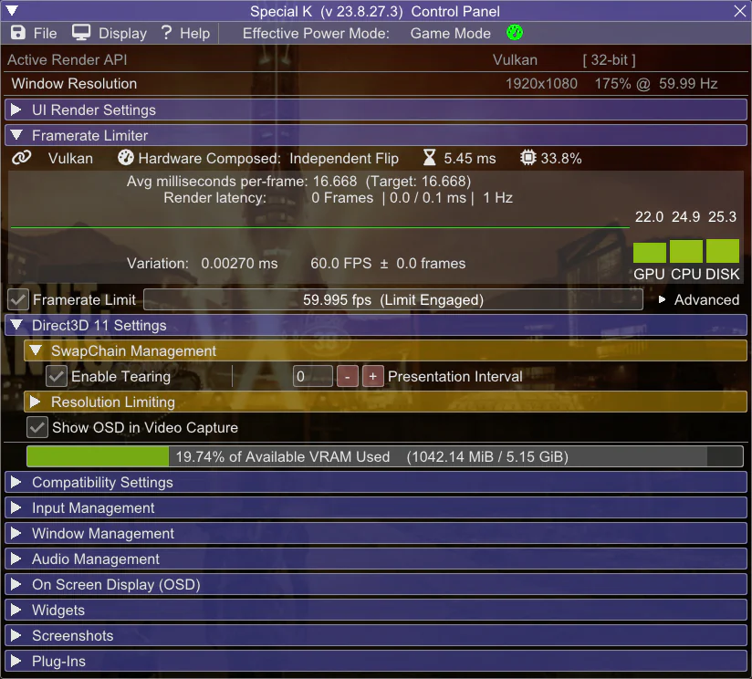 Screenshot showcasing Special K's control panel