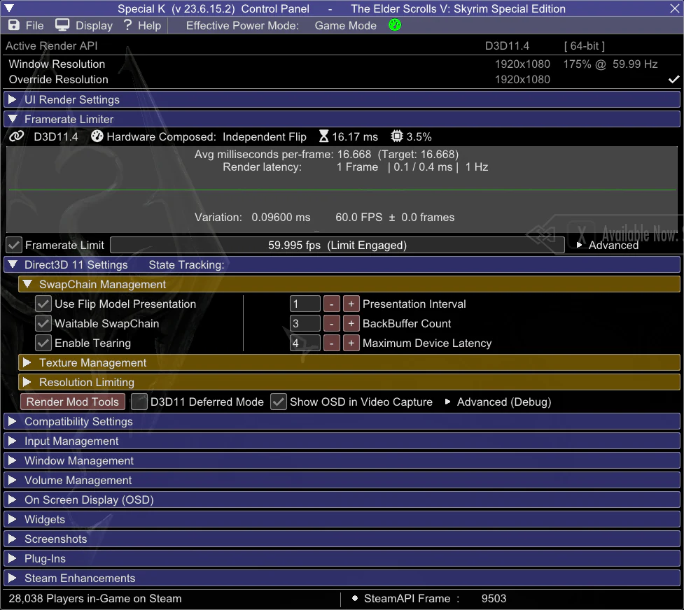 Screenshot showcasing Special K's control panel