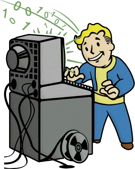 Logo of a Vault-Boy with glasses typing on a computer